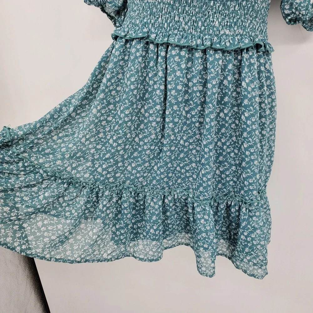 Trixxi Teal Floral Puff Sleeve Mini Dress